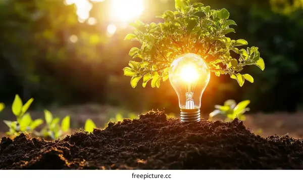 Sustainable Energy Concept Image with a Tree Growing from a Light Bulb