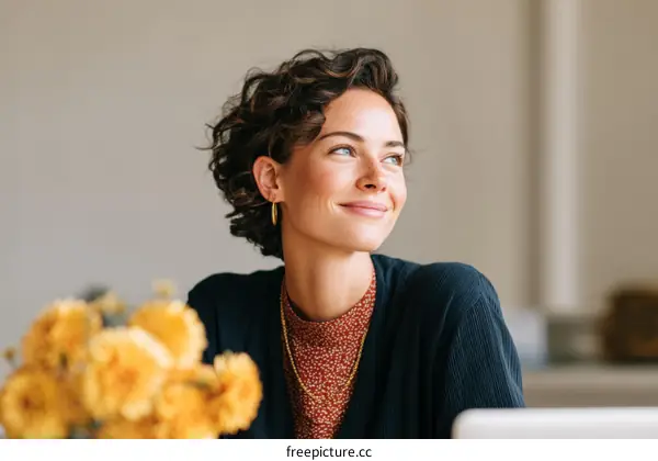 Smiling Woman with Curly Hair in Thoughtful Pose