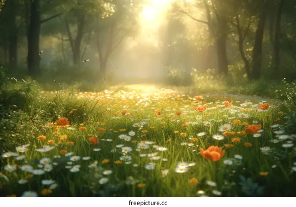 The sun shines through the trees in a beautiful forest filled with flowers