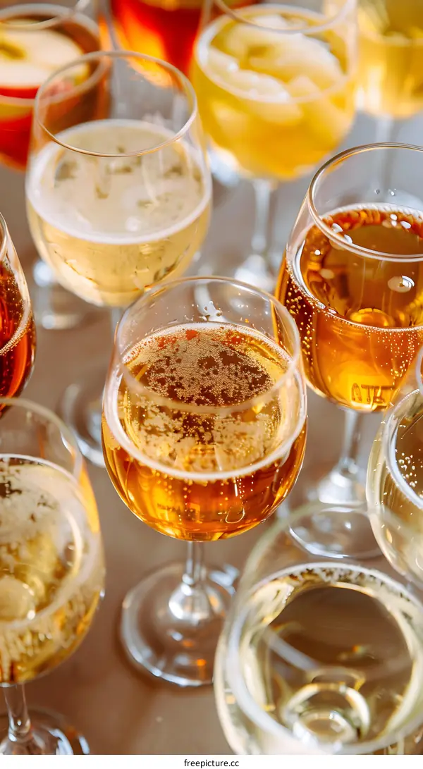 Closeup of Multiple Champagne Glasses Filled With Sparkling Wine