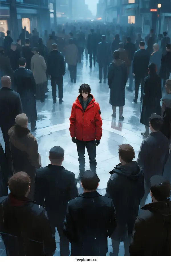 A person in red jacket standing among a crowd on a rainy street