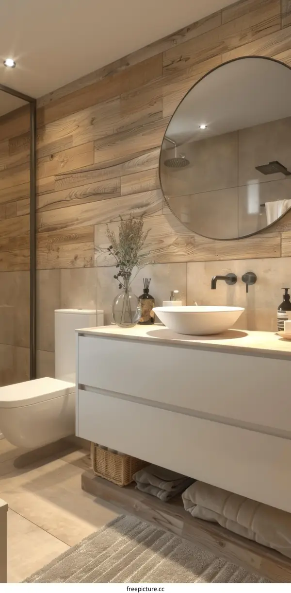 Modern Bathroom with Wooden Accent Wall