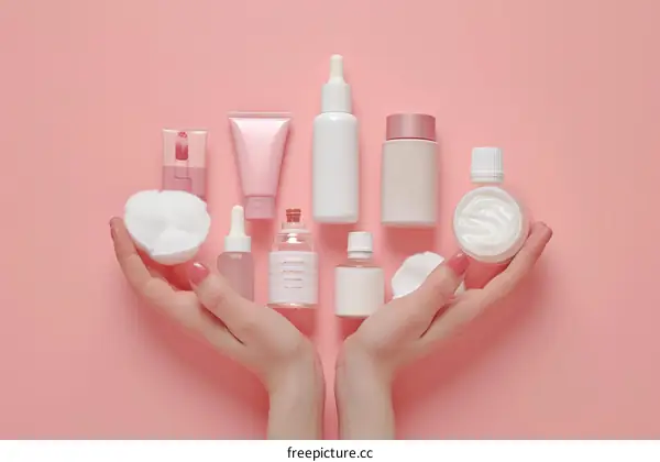 A woman's hands holding various skincare products against a pink background
