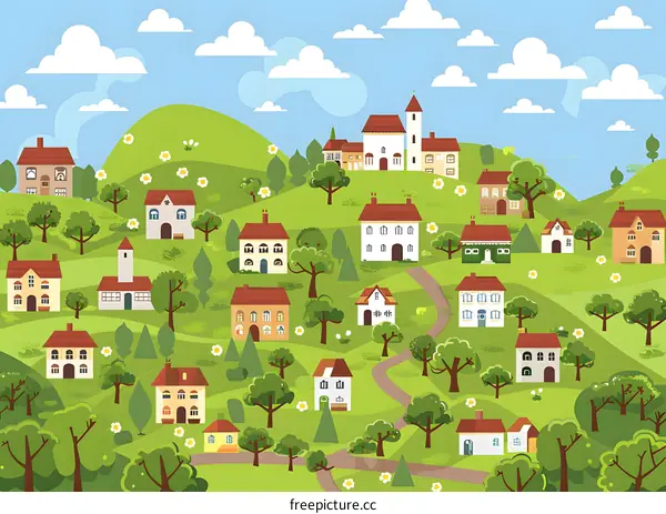 Cartoon Illustration of a Small Town with Houses and Trees