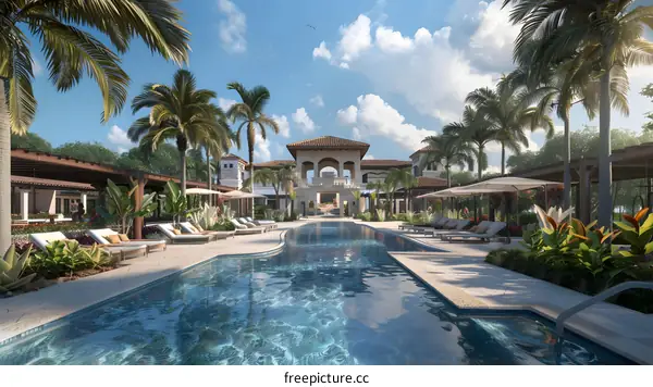 Luxury Resort Swimming Pool With Palm Trees