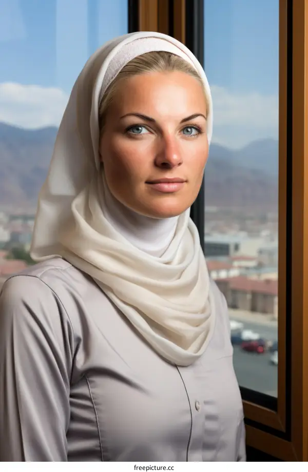 A blonde woman wearing a head scarf is looking out the window.