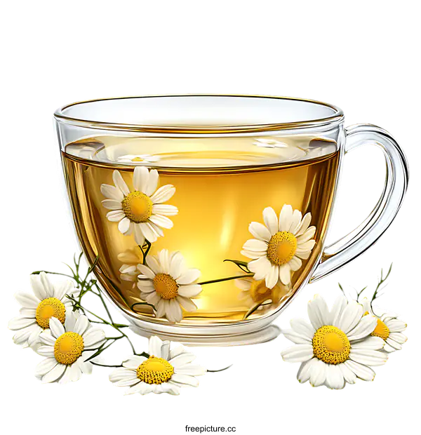 [Transparent Background PNG]Chamomile Tea in a Glass Cup Illustration