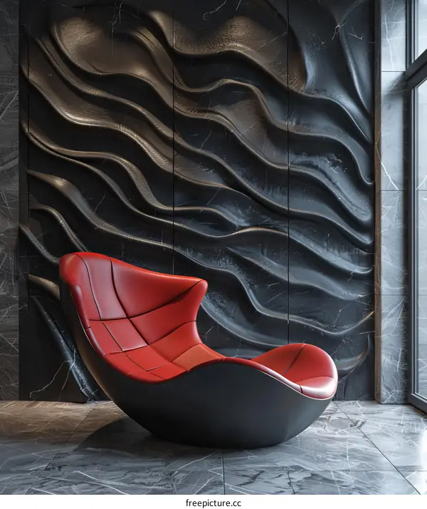 Red Modern Art Leisure Chair in Black Marble Wall Interior