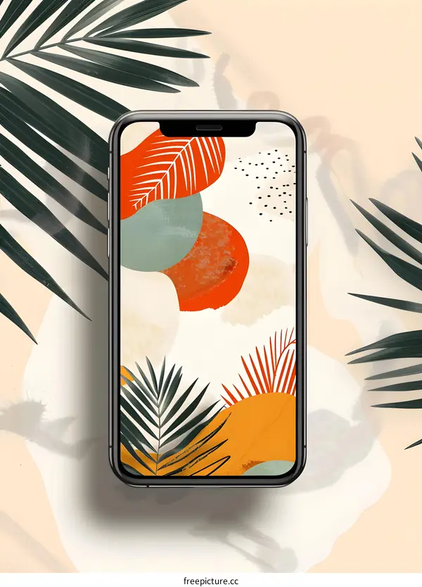 Abstract Phone Wallpaper With Palm Leaves and Colorful Shapes