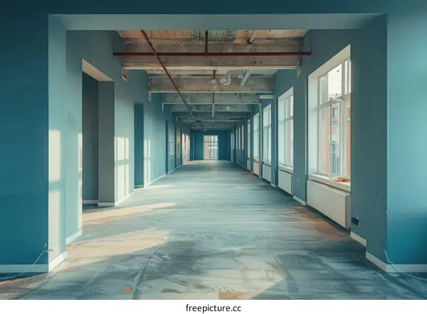 An empty room with blue walls and large windows