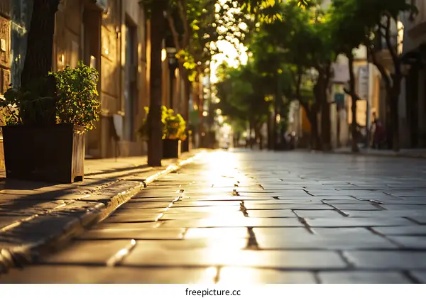 Cobblestone Street in the City During Sunset