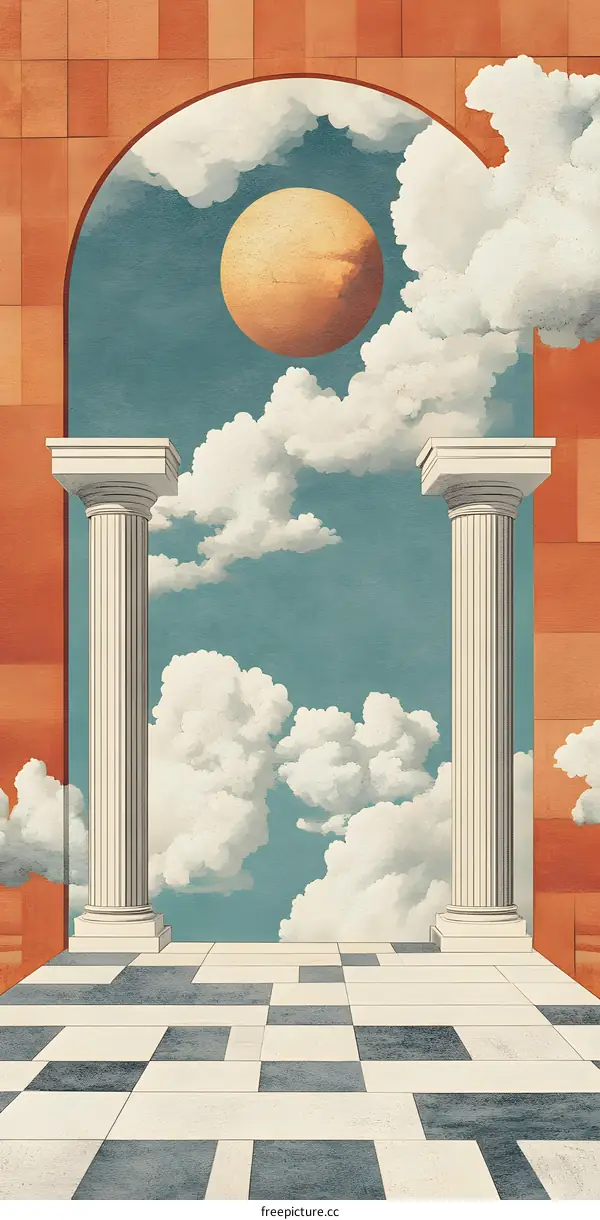 Archway Leading to a Dreamlike Sky with Clouds and a Round Sun