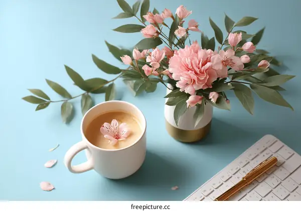 Pretty Pink Flowers and Coffee Mug on Pastel Background