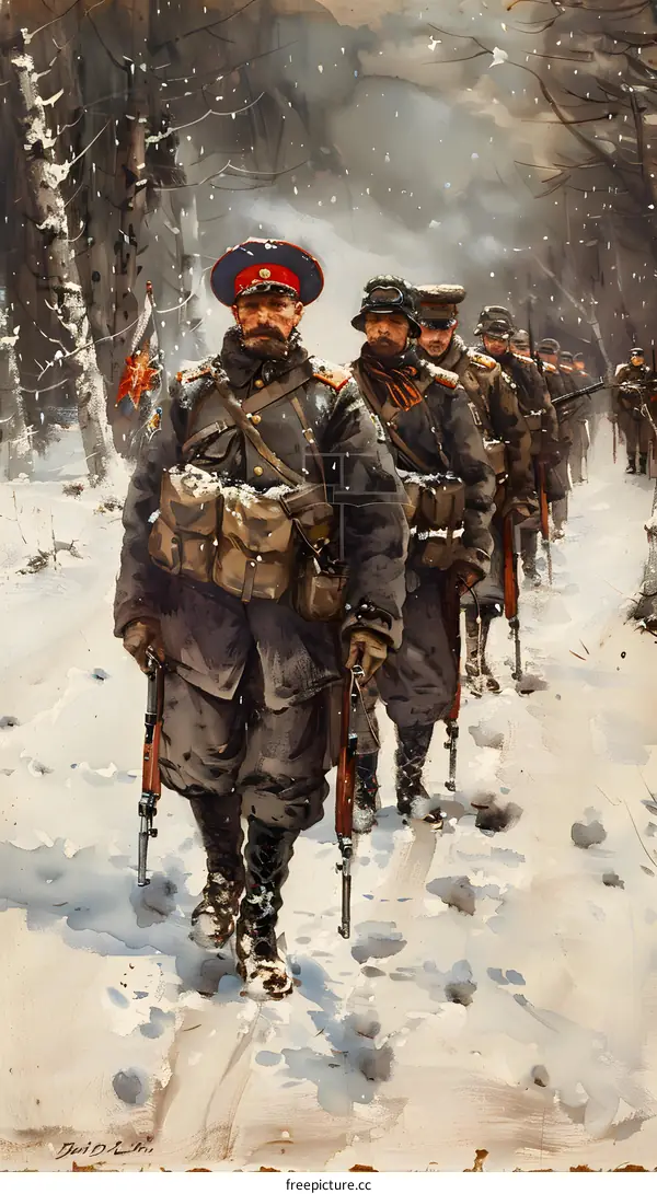 Russian soldiers on the march in winter uniform, 1914-1917