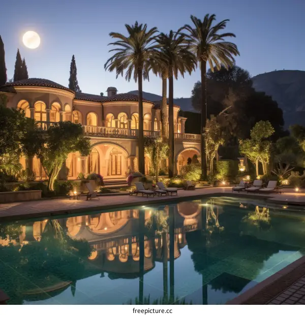 A beautiful mansion with a pool and palm trees at night