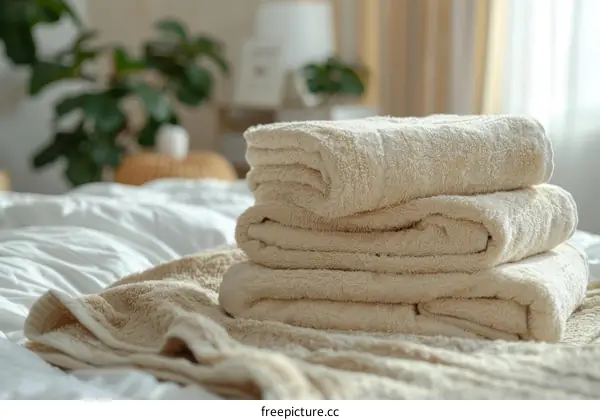 A stack of beige towels on a white bed