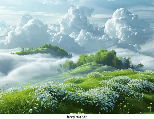 Rolling green hills with white flowers and blue sky