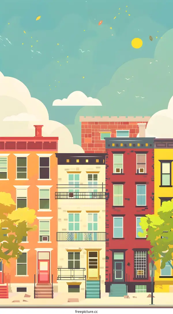 Colorful Row Houses Illustration with Blue Sky