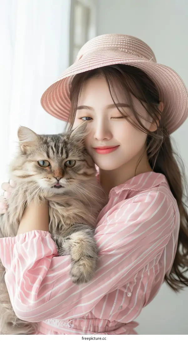 A young woman is winking while hugging a fluffy cat