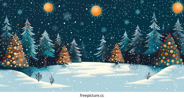 Snowy Forest with Decorated Christmas Trees
