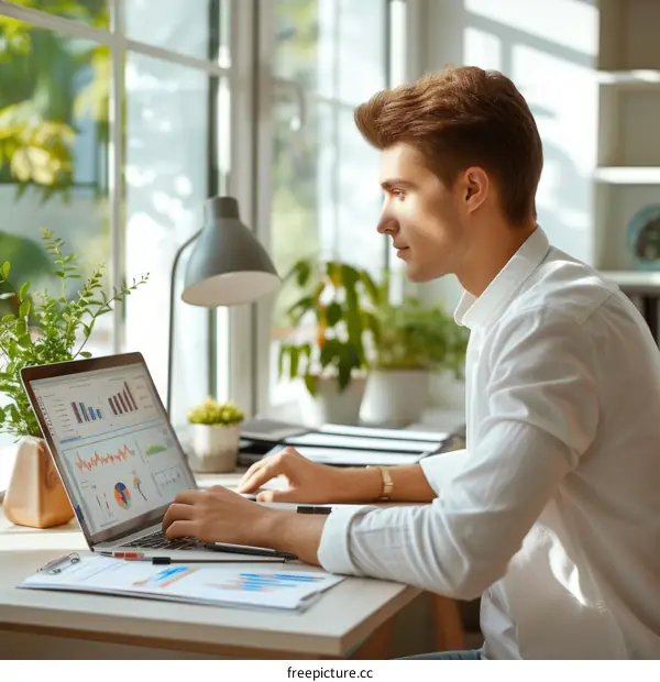Young businessman working on laptop in home office