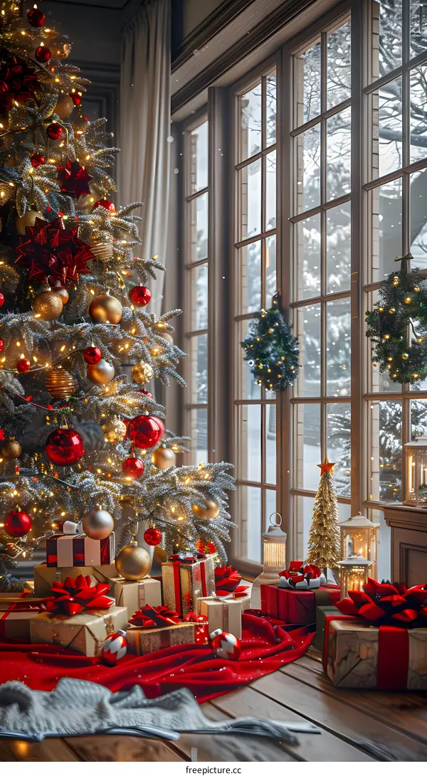 A beautifully decorated Christmas tree stands in a living room.