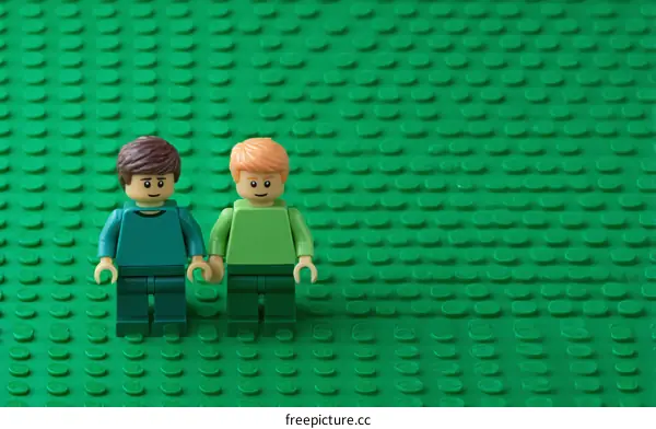 Two Caucasian figures holding hands on a green Lego background