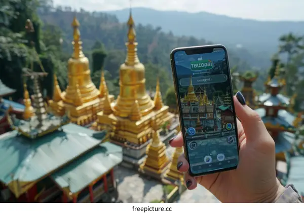 A woman using a smartphone to take a picture of a Buddhist temple in Myanmar.
