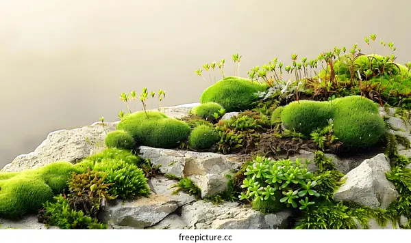 Green Moss Growing on Rocks With A Blurred Background