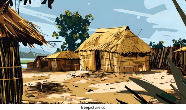 Hand Drawn Illustration of Village Houses in the Grassland