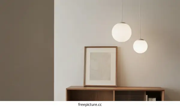 Modern Living Room with Wooden Shelf and Hanging Lamps