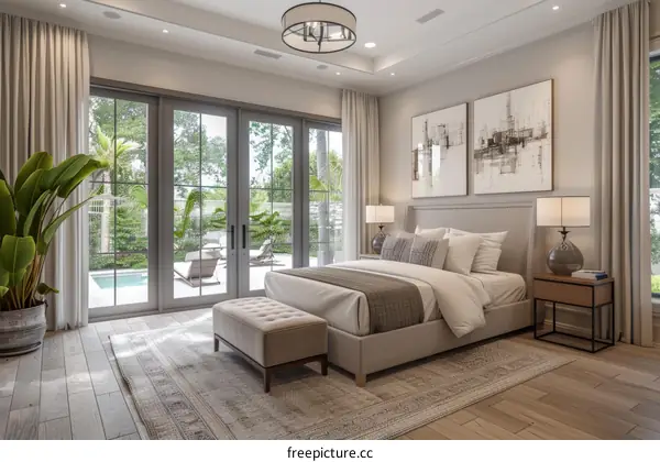 Spacious and Luminous Bedroom with Pool View