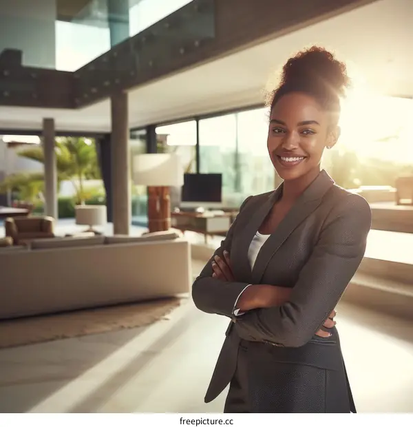 Successful black businesswoman standing in a modern home