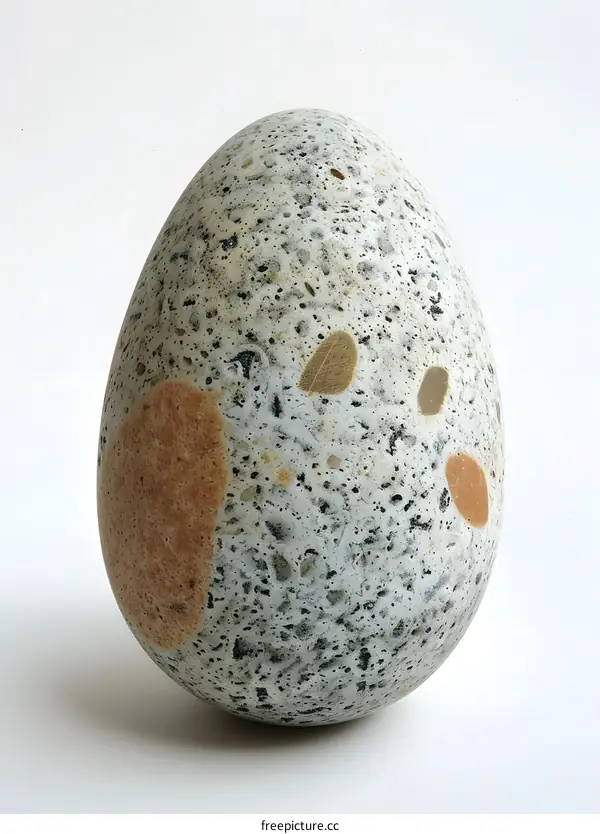 A gray stone egg with brown and yellow spots