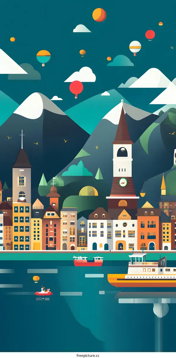 Flat Design Illustration of Town with Hot Air Balloons