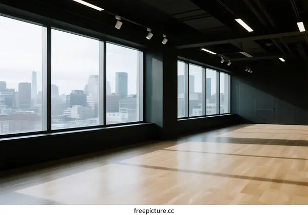 Spacious empty room with large windows overlooking cityscape