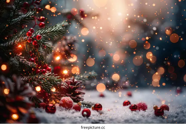 Festive Christmas Background with Fir Tree Branches and Red Ornaments