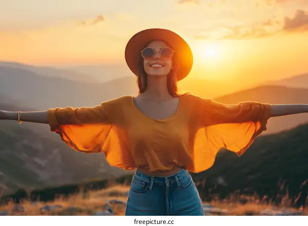 Woman In Hat Embraces The Sunset On A Mountaintop