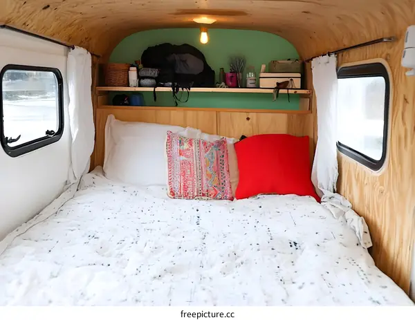 Cozy Camper Van Interior with Bed, Pillows and Wooden Shelving
