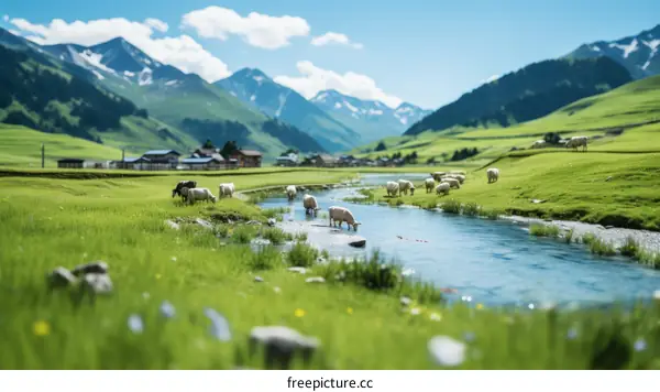 sheep grazing in a lush green valley with mountains in the distance