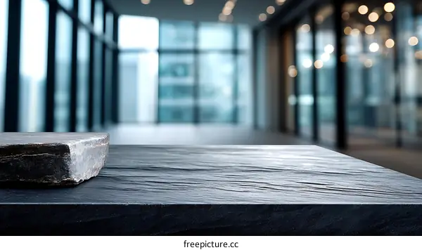 Modern Office Workspace Display with Dark Stone