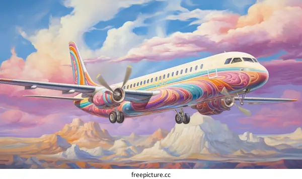 A psychedelic airplane is flying in the sky above the mountains