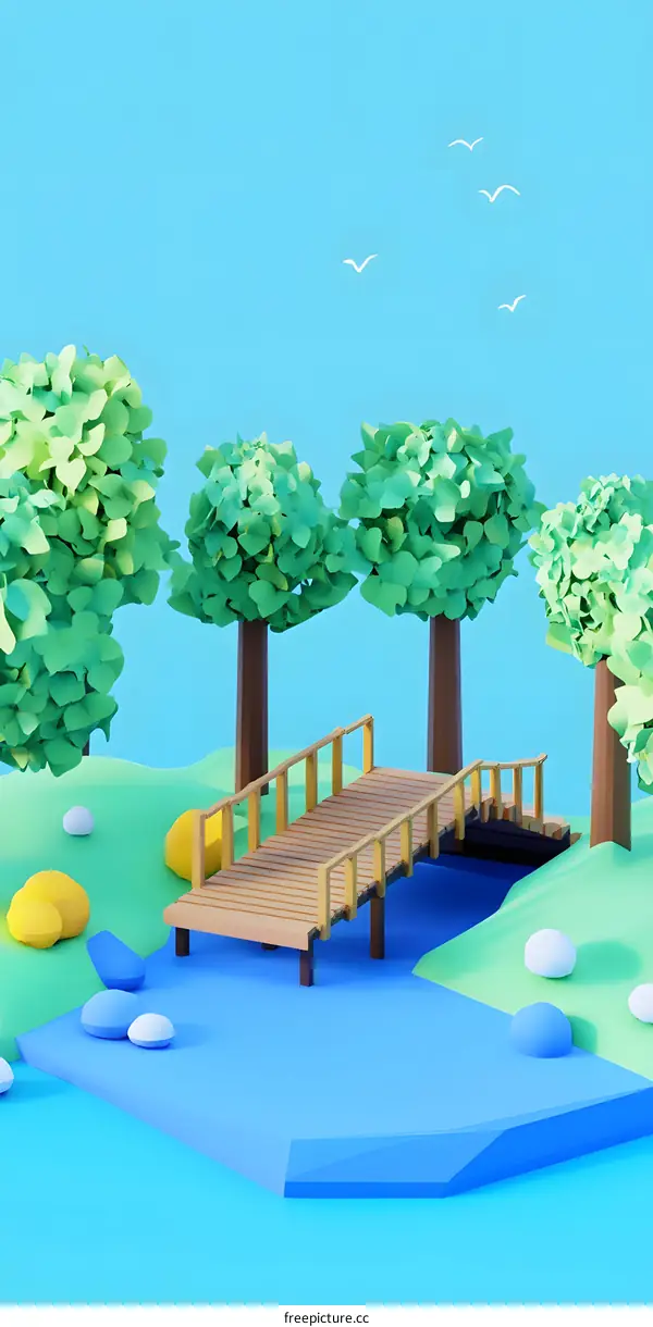 Low Poly Bridge Landscape with Green Trees and White Birds