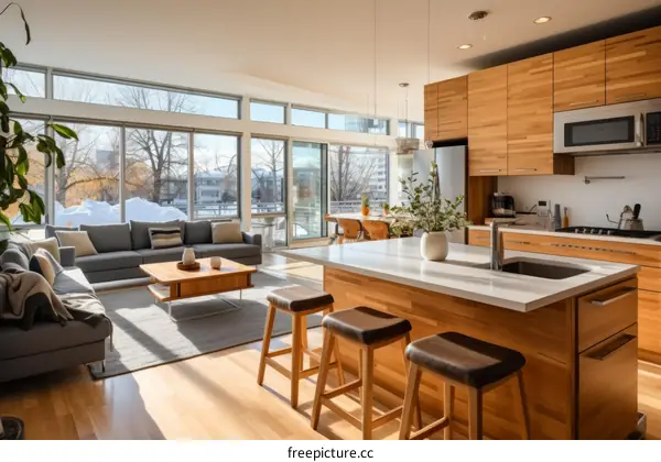 An open-concept living space with a large kitchen island and a wall of windows