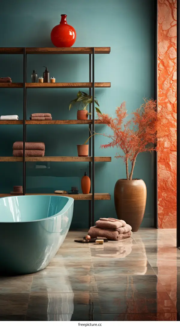 Teal bathroom with freestanding bathtub and shelving unit