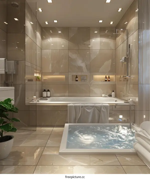 A bathroom with a large bathtub and a plant