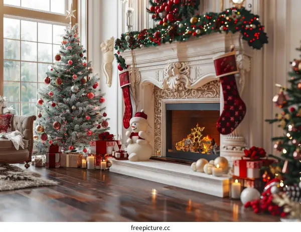 Christmas Interior Design with Fireplace and Christmas Tree