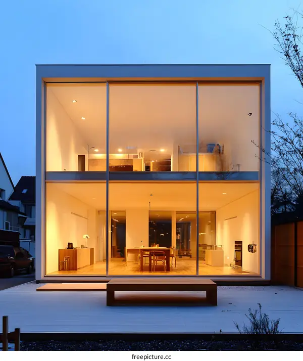 Modern Glass House with Wooden Deck and Interior Lighting