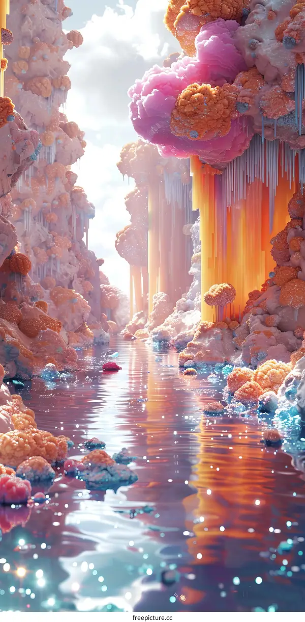 Surreal Fantasy Landscape with River and Pink and Blue Sky