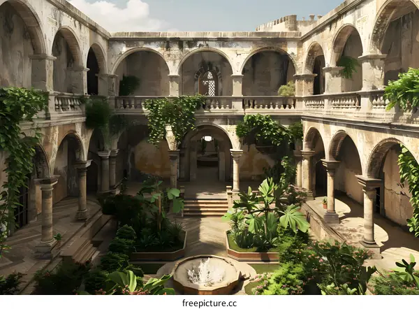 Old Abandoned Courtyard with Lush Greenery